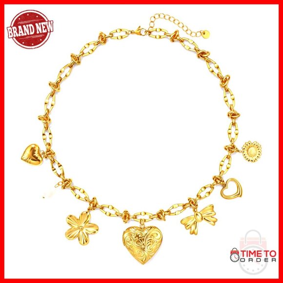 Jewelry - 18K Gold-Plated Heart Pendant Necklace with Removable Charms, Adjustable Chain